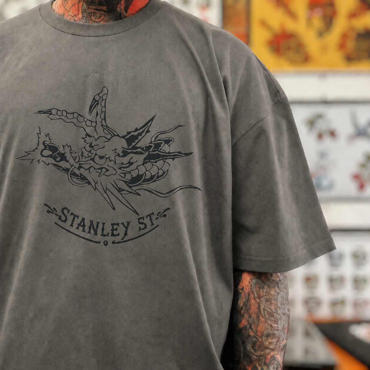 Black dragon on faded grey